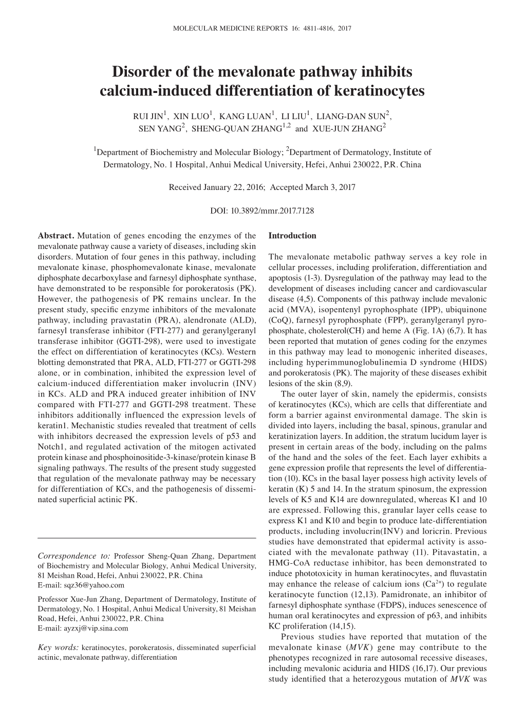 Disorder of the Mevalonate Pathway Inhibits Calcium‑Induced Differentiation of Keratinocytes