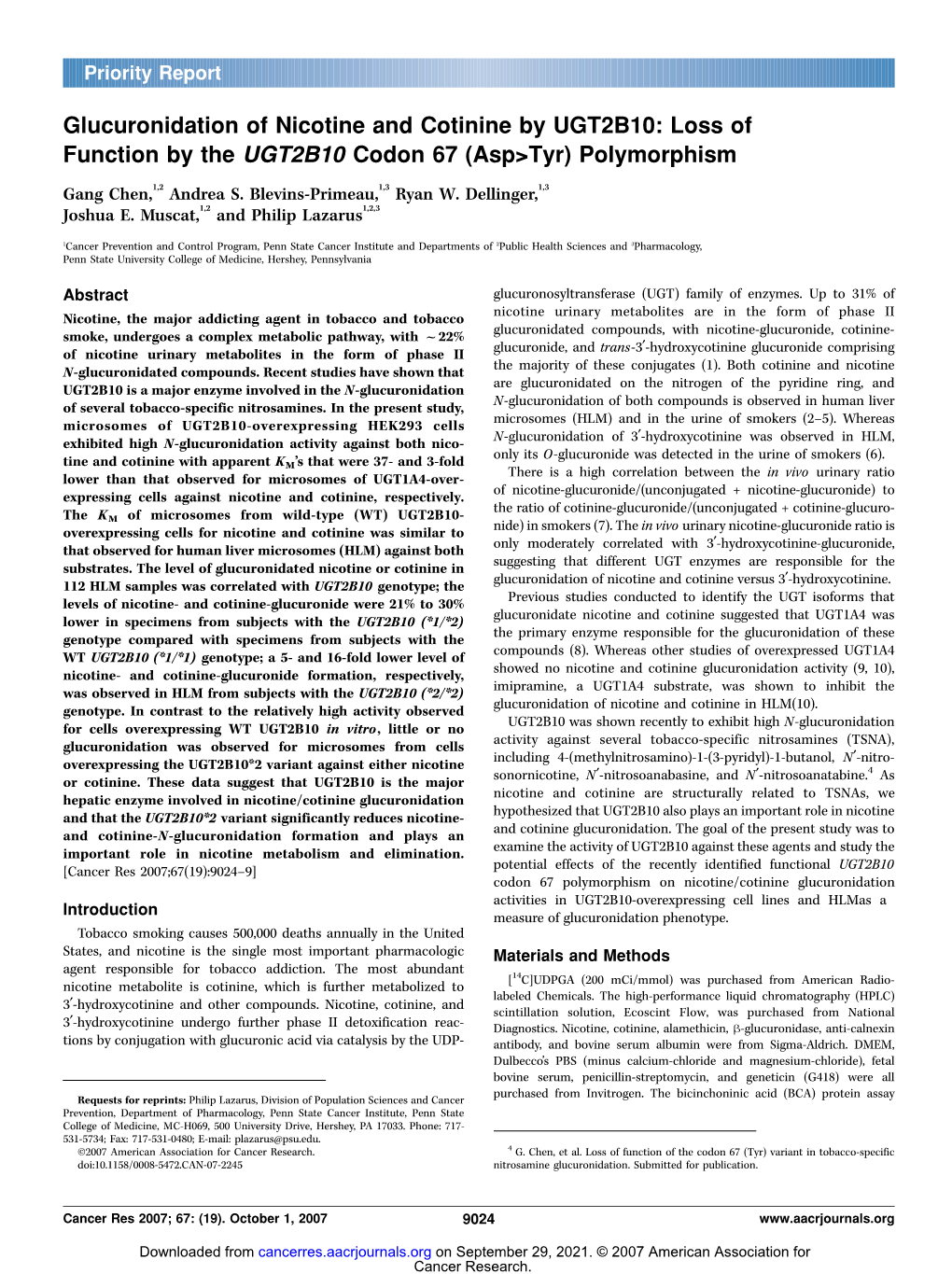 Glucuronidation of Nicotine and Cotinine by UGT2B10: Loss of Function by the UGT2B10 Codon 67 (Asp>Tyr) Polymorphism