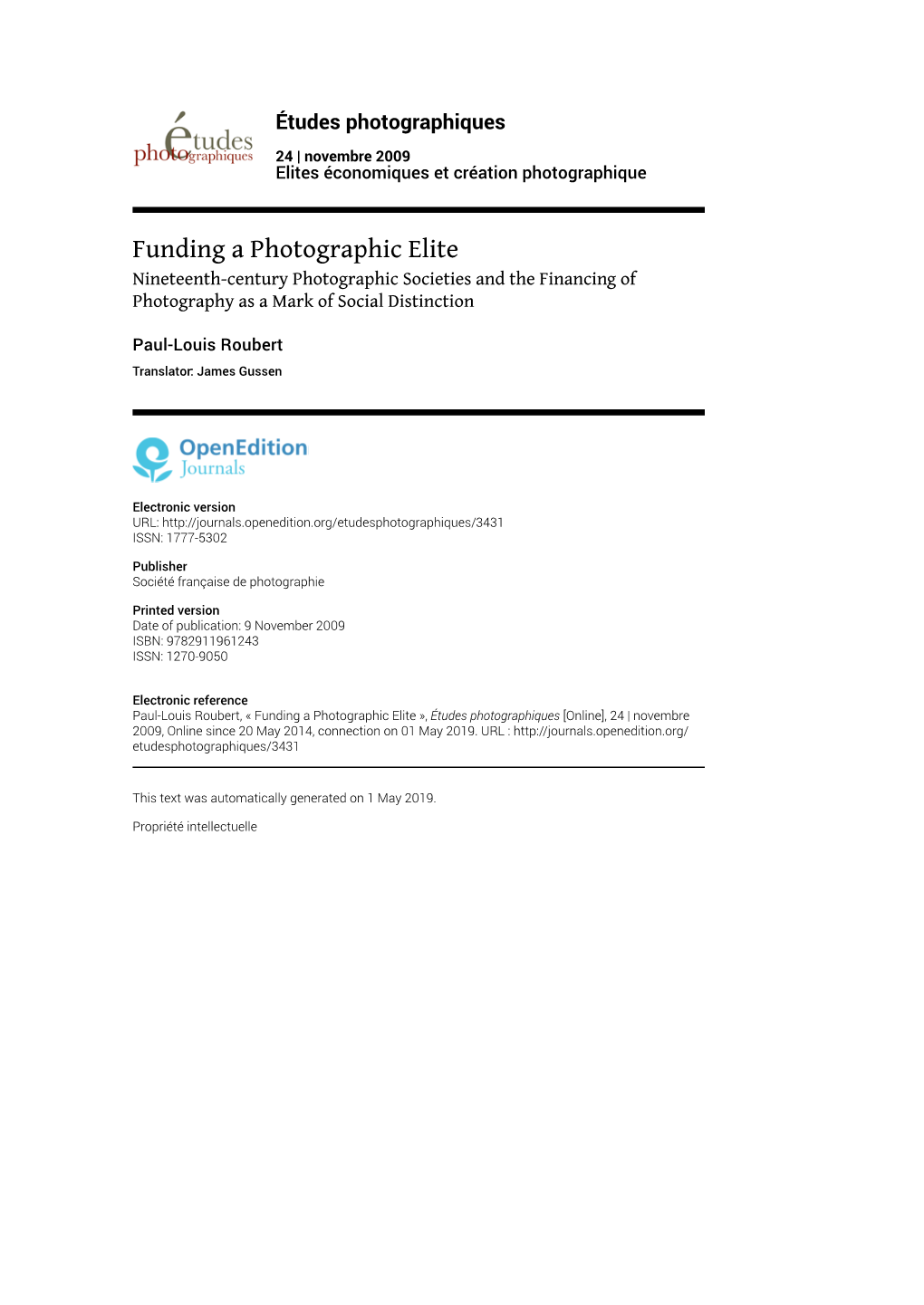 Études Photographiques, 24 | 2009 Funding a Photographic Elite 2