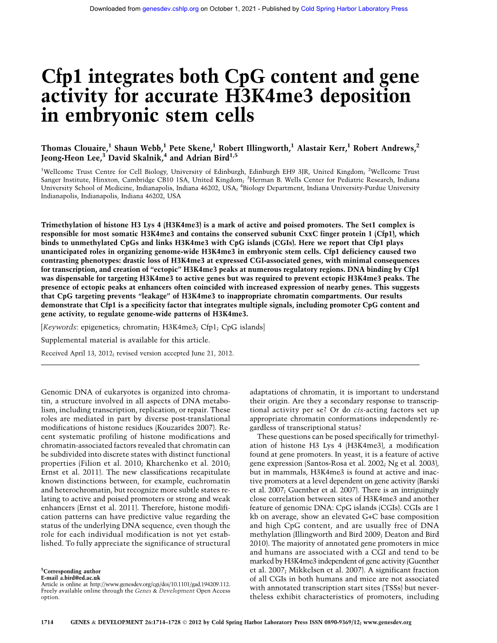 Cfp1 Integrates Both Cpg Content and Gene Activity for Accurate H3k4me3 Deposition in Embryonic Stem Cells