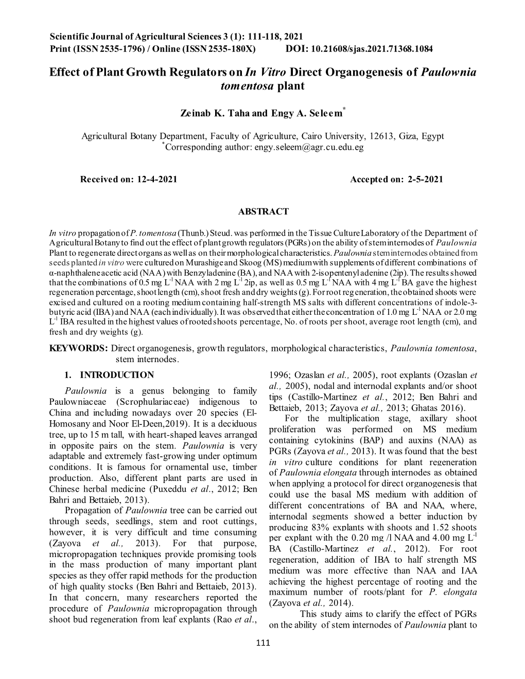 Effect of Plant Growth Regulators on in Vitro Direct Organogenesis of Paulownia Tomentosa Plant