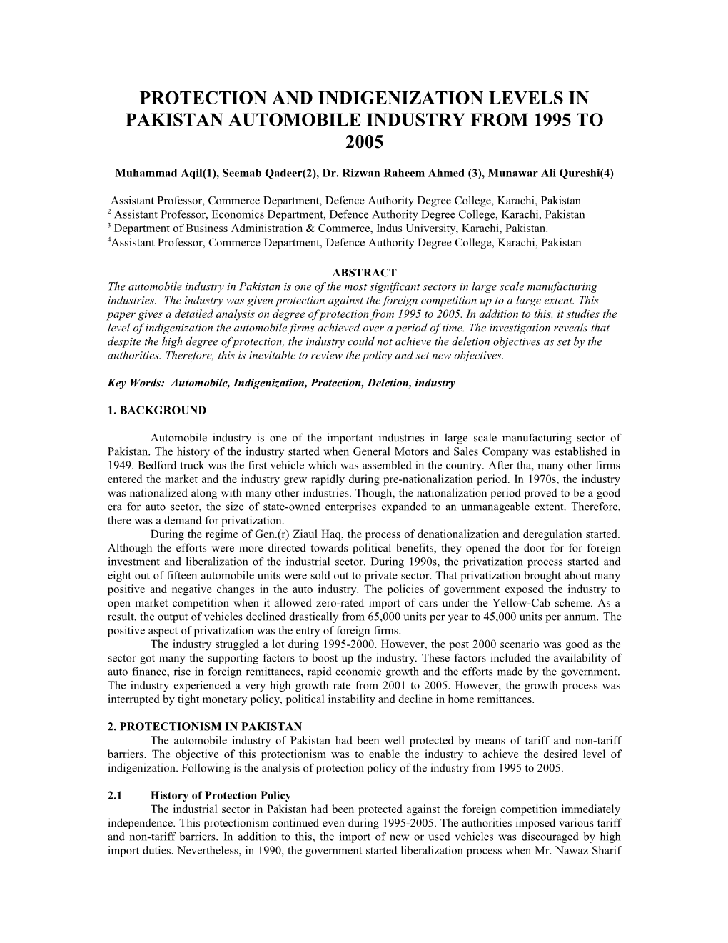 Protection and Indigenization Levels in Pakistan Automobiel Industry