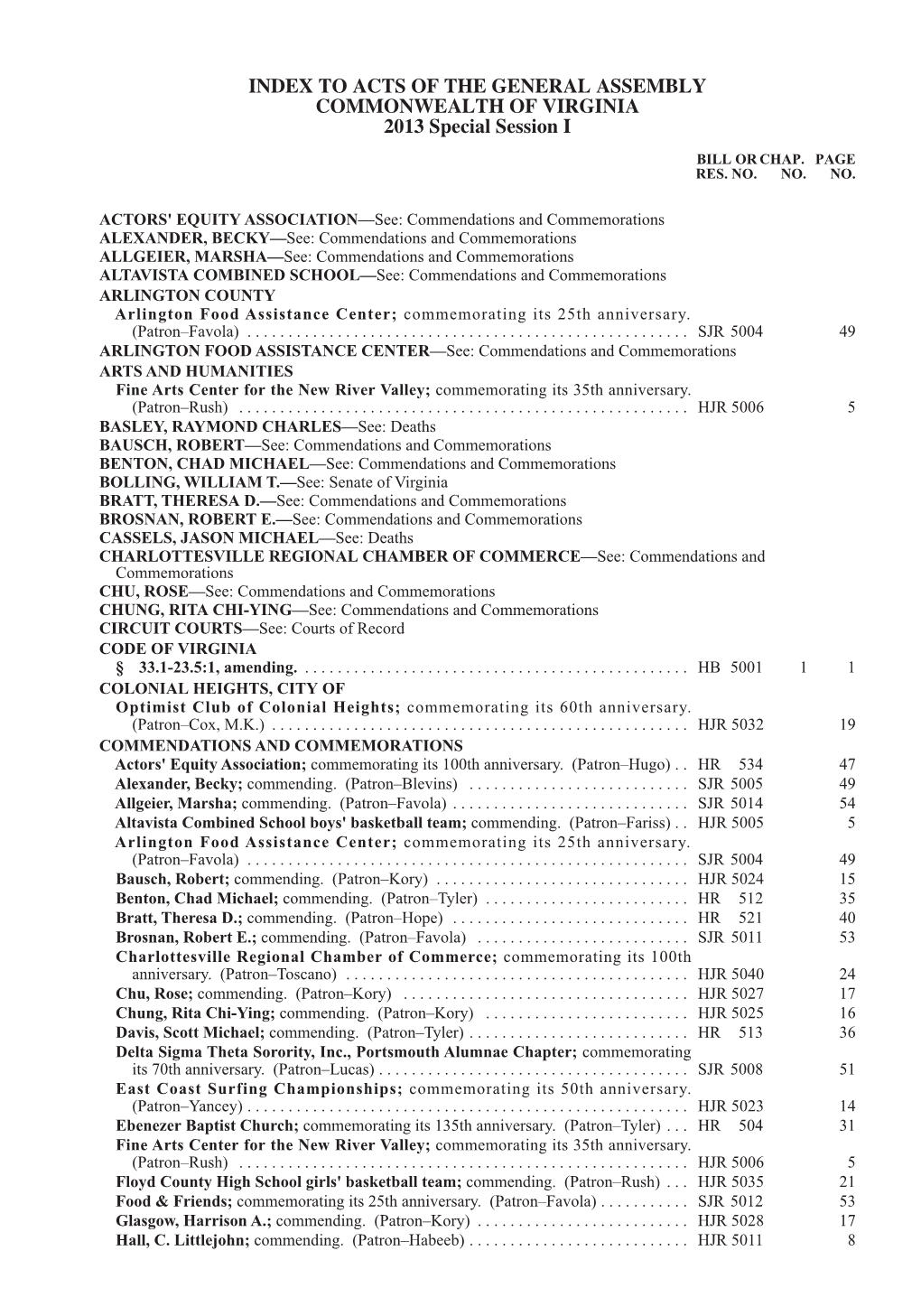 INDEX to ACTS of the GENERAL ASSEMBLY COMMONWEALTH of VIRGINIA 2013 Special Session I