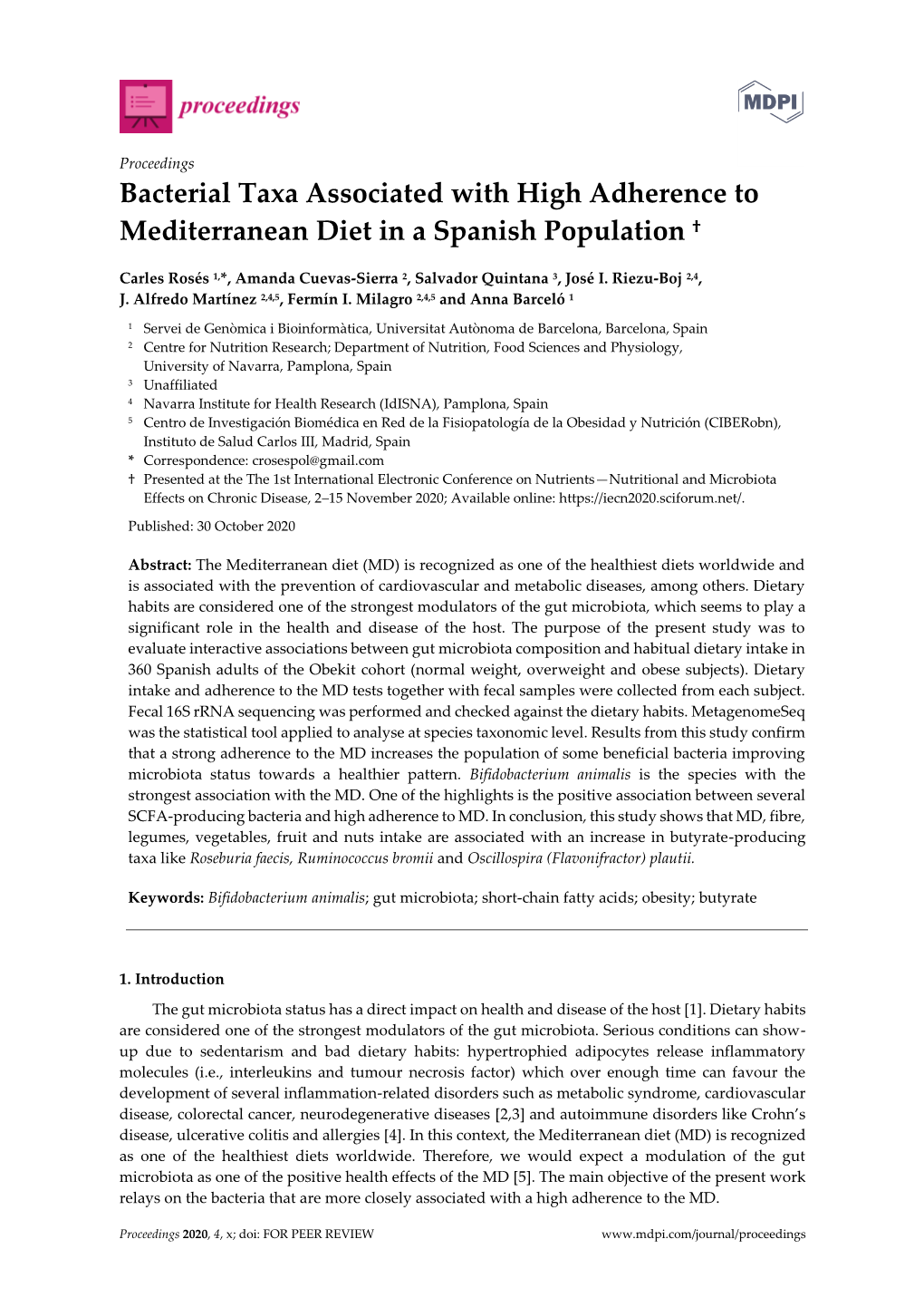 Bacterial Taxa Associated with High Adherence to Mediterranean Diet in a Spanish Population †