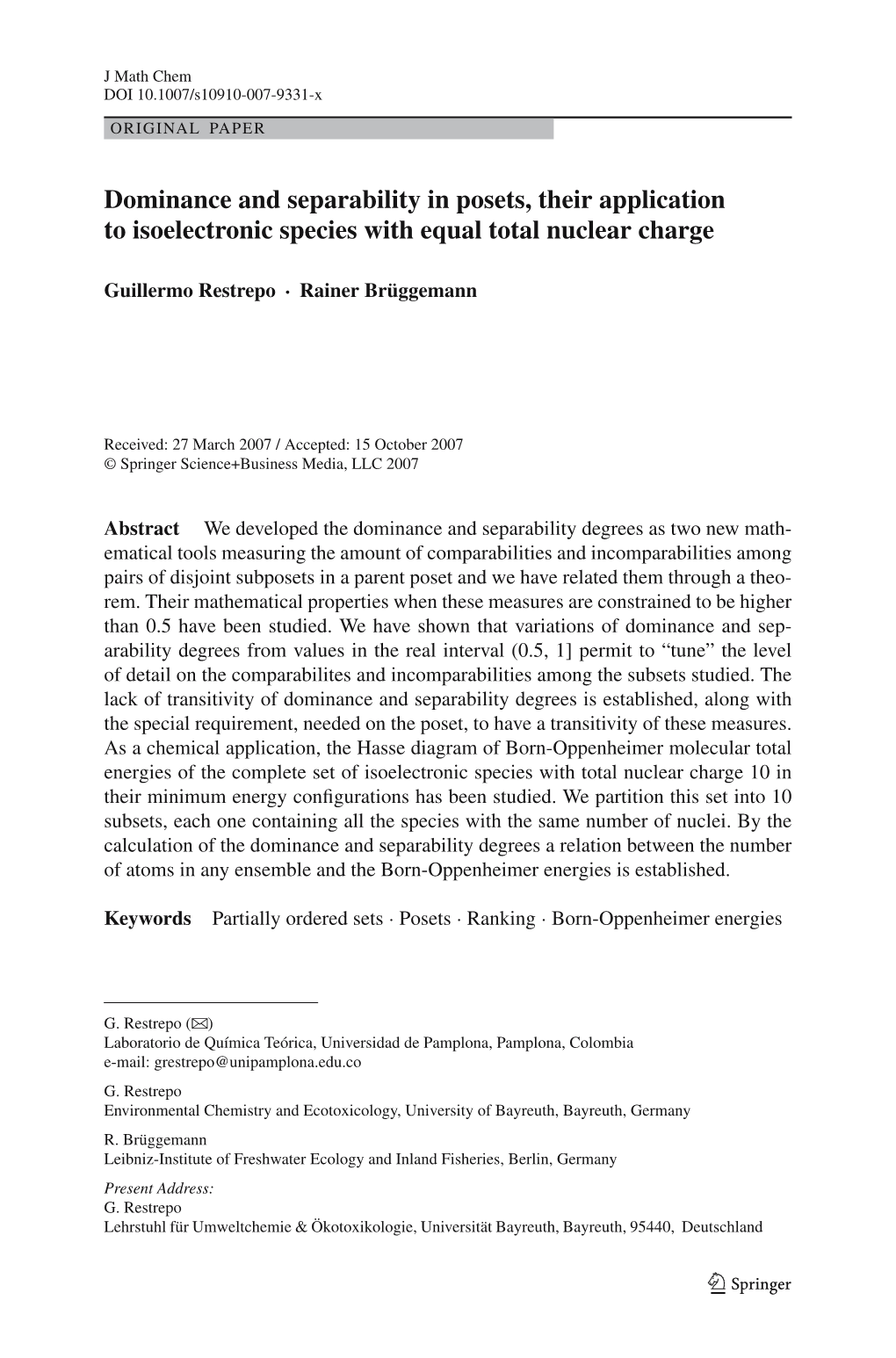 Dominance and Separability in Posets, Their Application to Isoelectronic Species with Equal Total Nuclear Charge