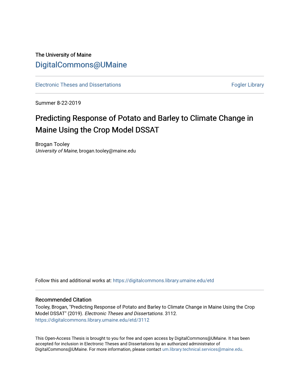 Predicting Response of Potato and Barley to Climate Change in Maine Using the Crop Model DSSAT