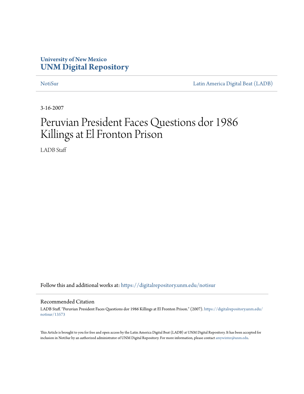 Peruvian President Faces Questions Dor 1986 Killings at El Fronton Prison LADB Staff