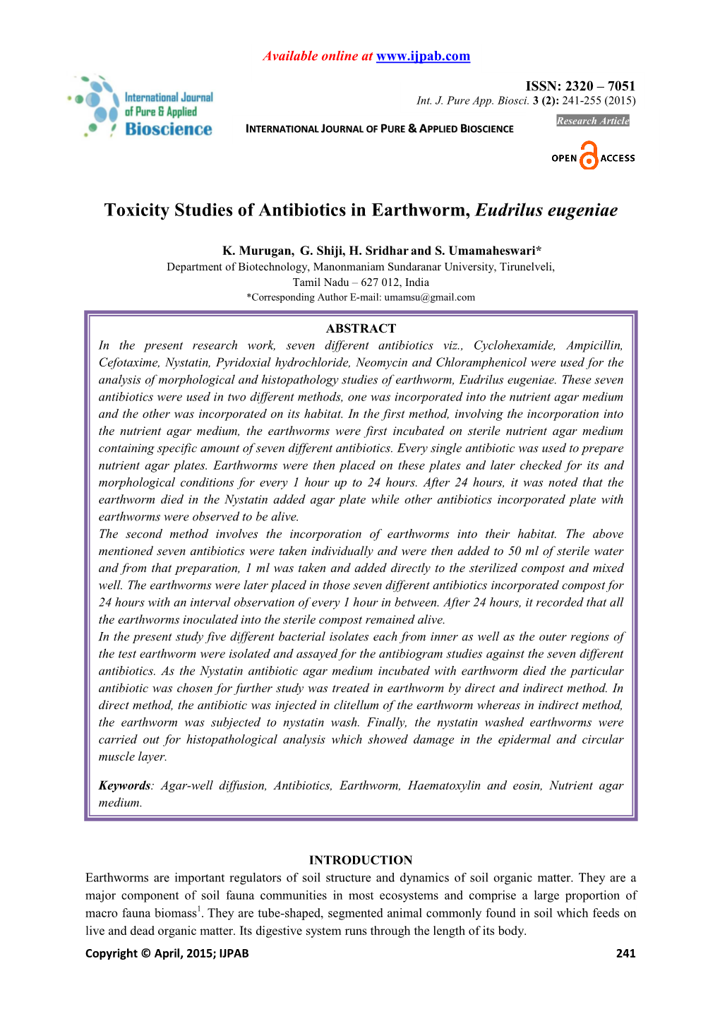 Toxicity Studies of Antibiotics in Earthworm, Eudrilus Eugeniae