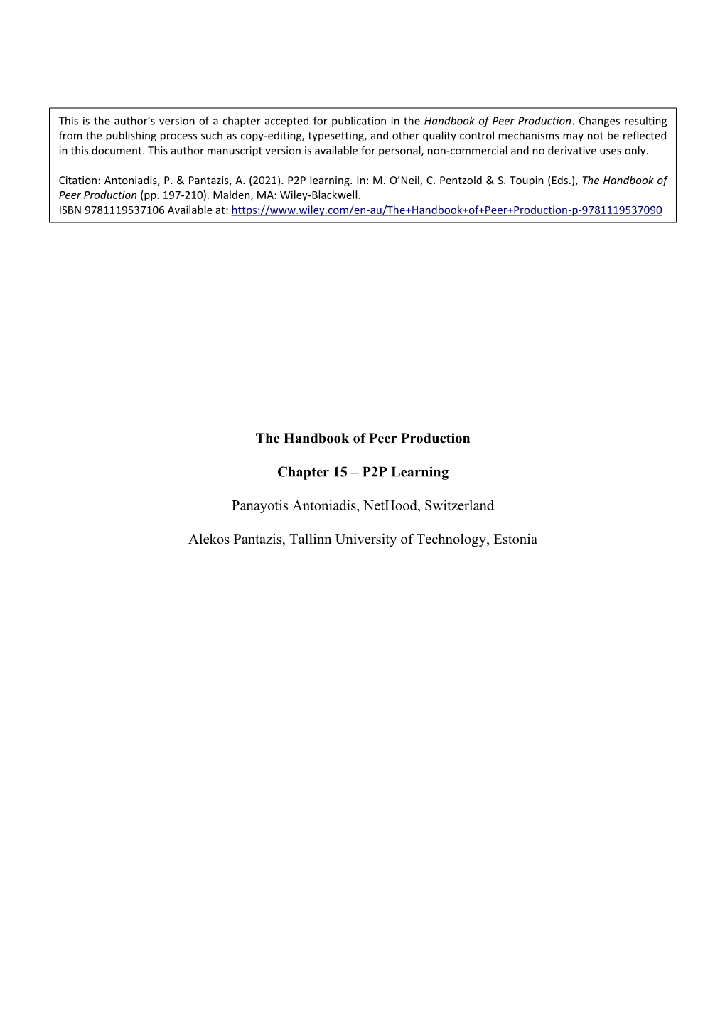 The Handbook of Peer Production Chapter 15 – P2P Learning