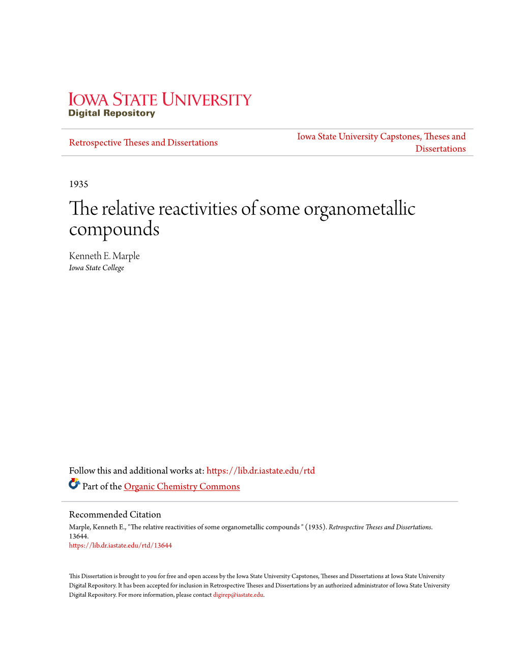 The Relative Reactivities of Some Organometallic Compounds