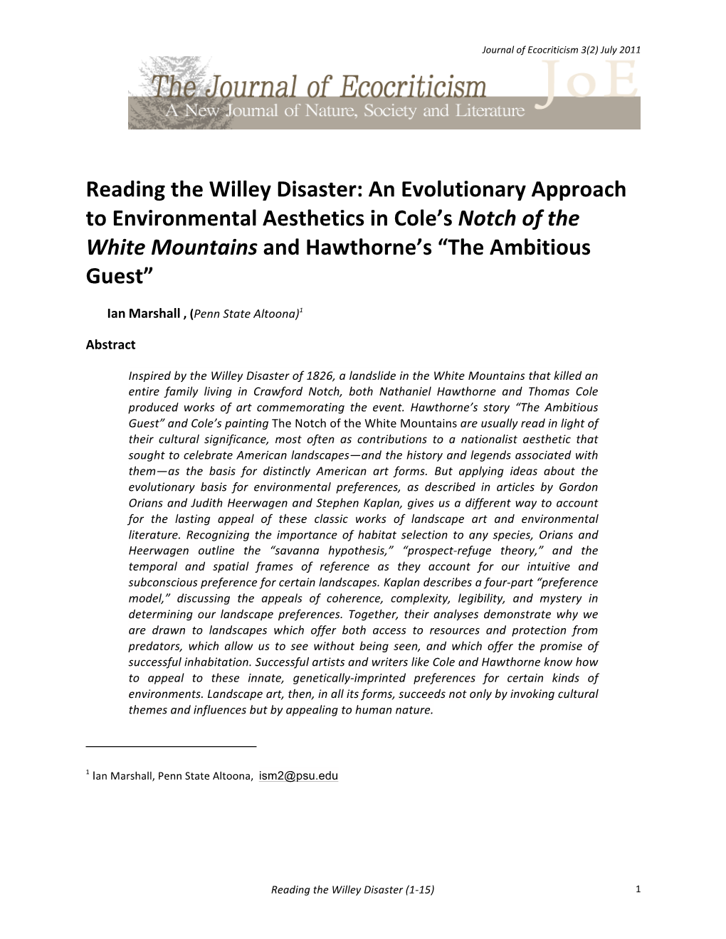 Reading the Willey Disaster: an Evolutionary Approach to Environmental Aesthetics in Cole’S Notch of the White Mountains and Hawthorne’S “The Ambitious Guest”