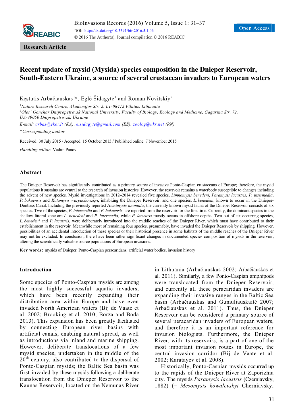 Recent Update of Mysid (Mysida) Species Composition in the Dnieper Reservoir, South-Eastern Ukraine, a Source of Several Crustacean Invaders to European Waters