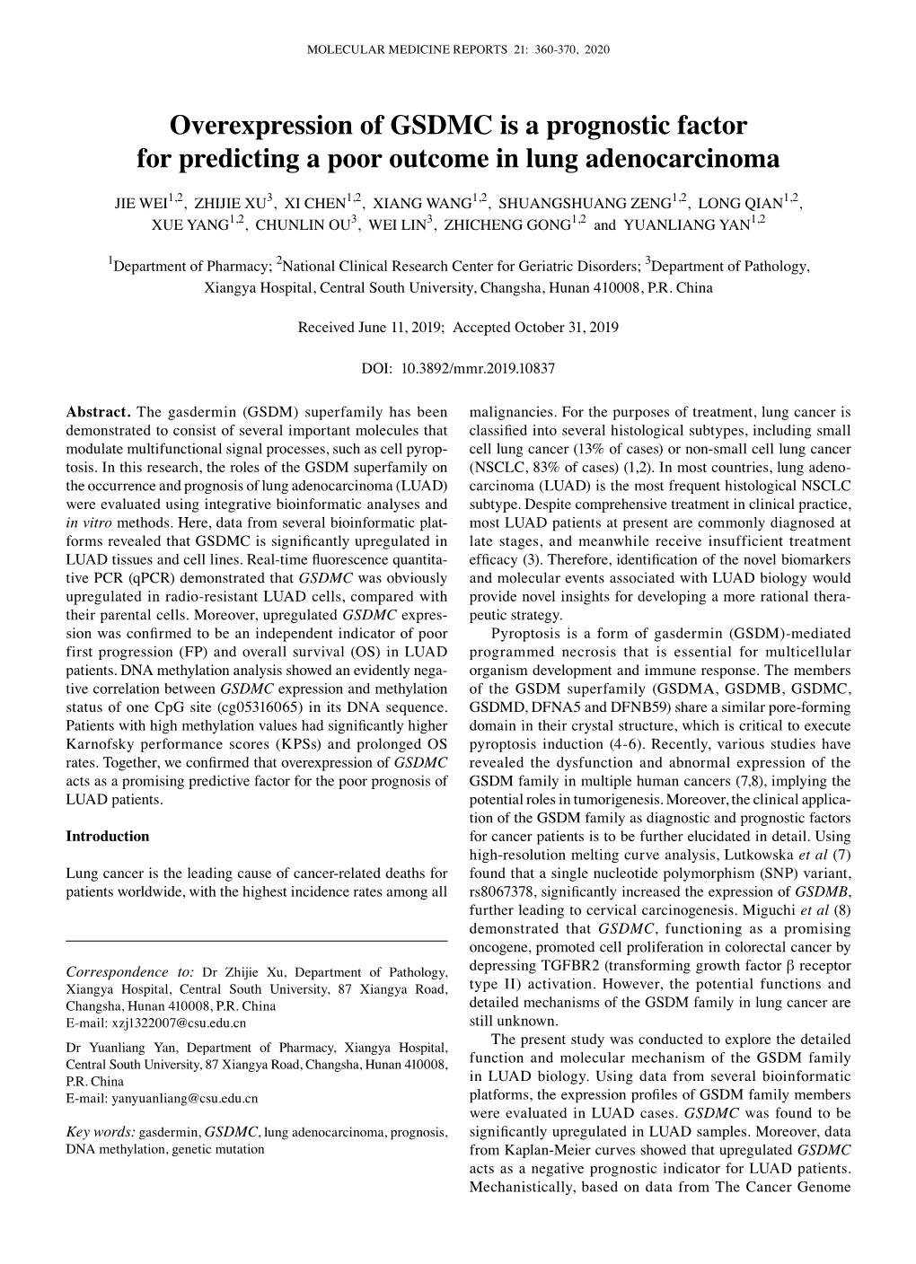 Overexpression of GSDMC Is a Prognostic Factor for Predicting a Poor Outcome in Lung Adenocarcinoma