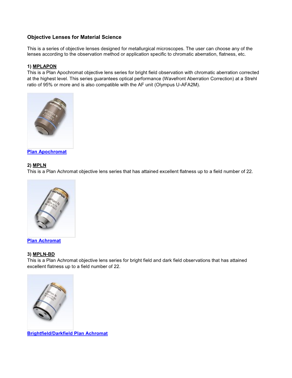 Objective Lenses for Material Science