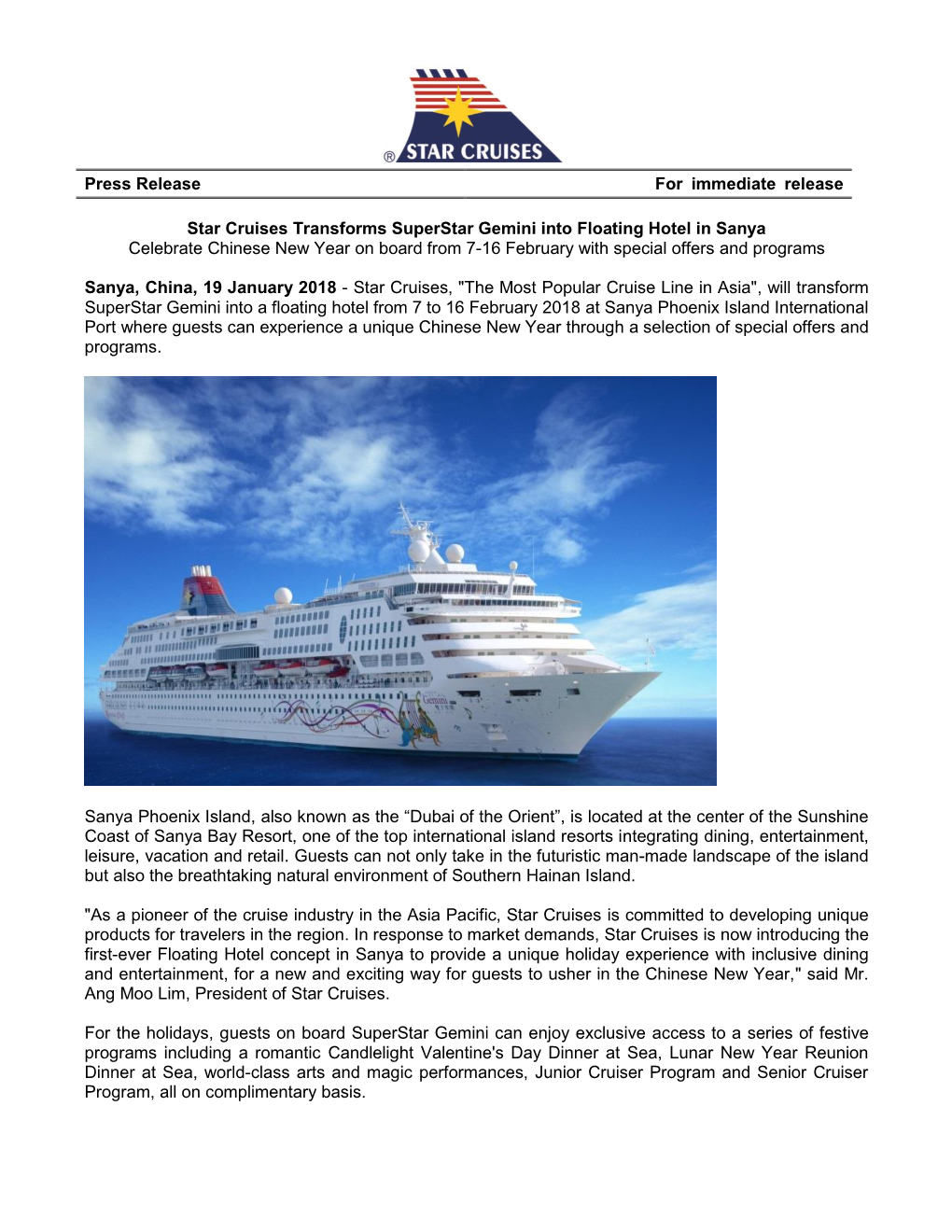 Press Release for Immediate Release Star Cruises Transforms Superstar