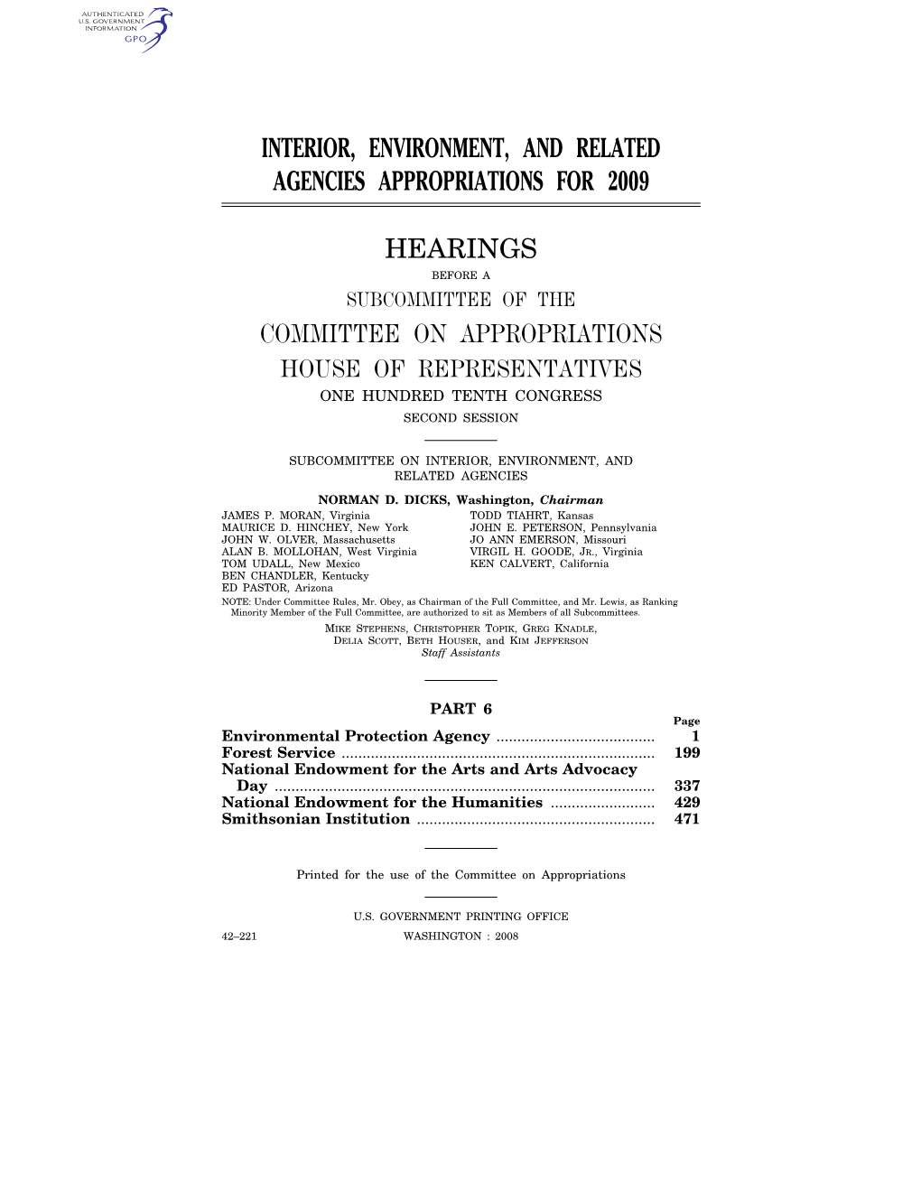 Interior, Environment, and Related Agencies Appropriations for 2009