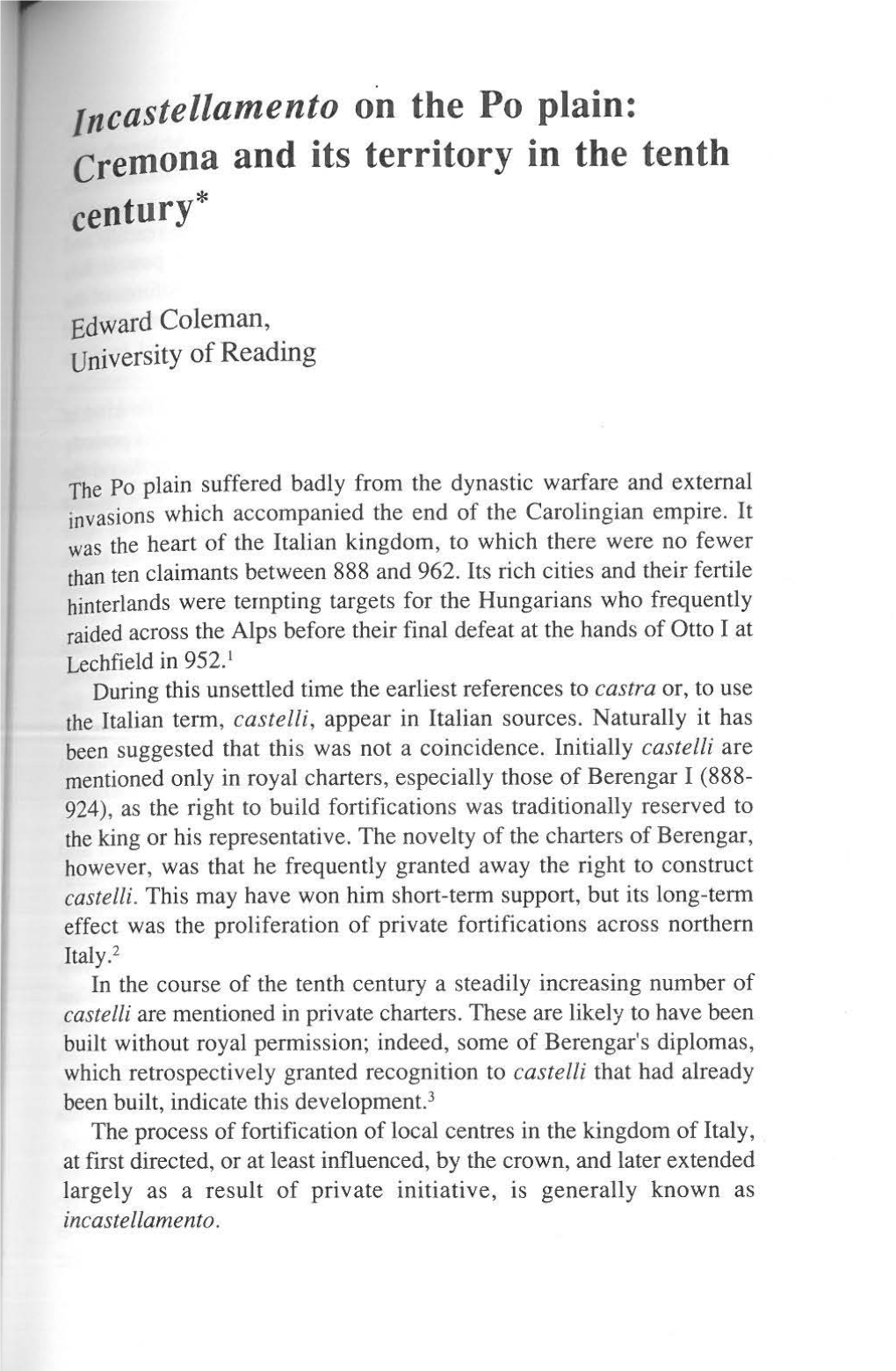 Ncastellamento on the Po Plain: Cremona and Its Territory in the Tenth Century *