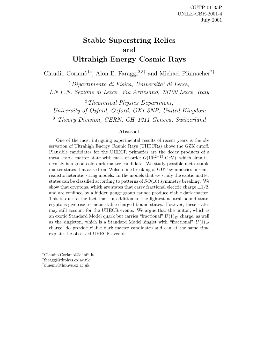 Stable Superstring Relics and Ultrahigh Energy Cosmic Rays