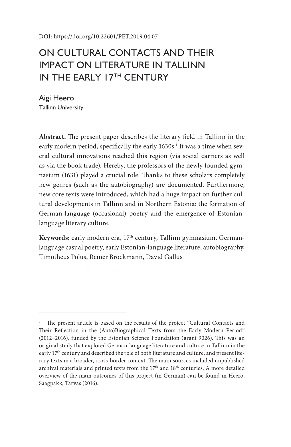 On Cultural Contacts and Their Impact on Literature in Tallinn in the Early 17Th Century