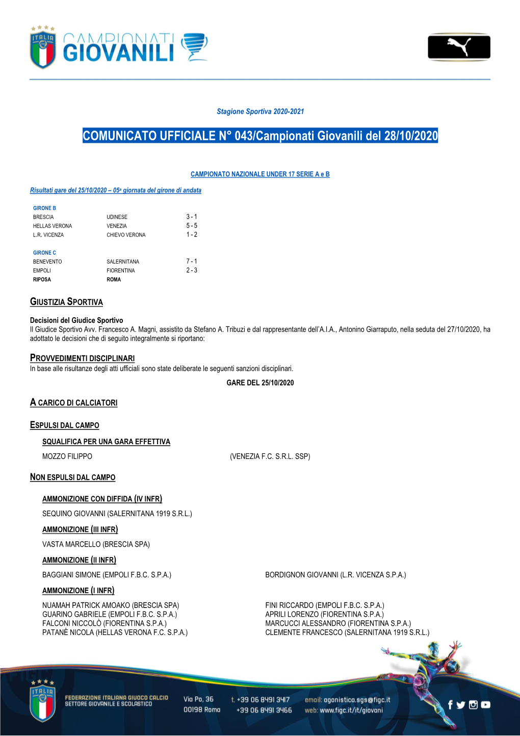 COMUNICATO UFFICIALE N° 043/Campionati Giovanili Del 28/10/2020