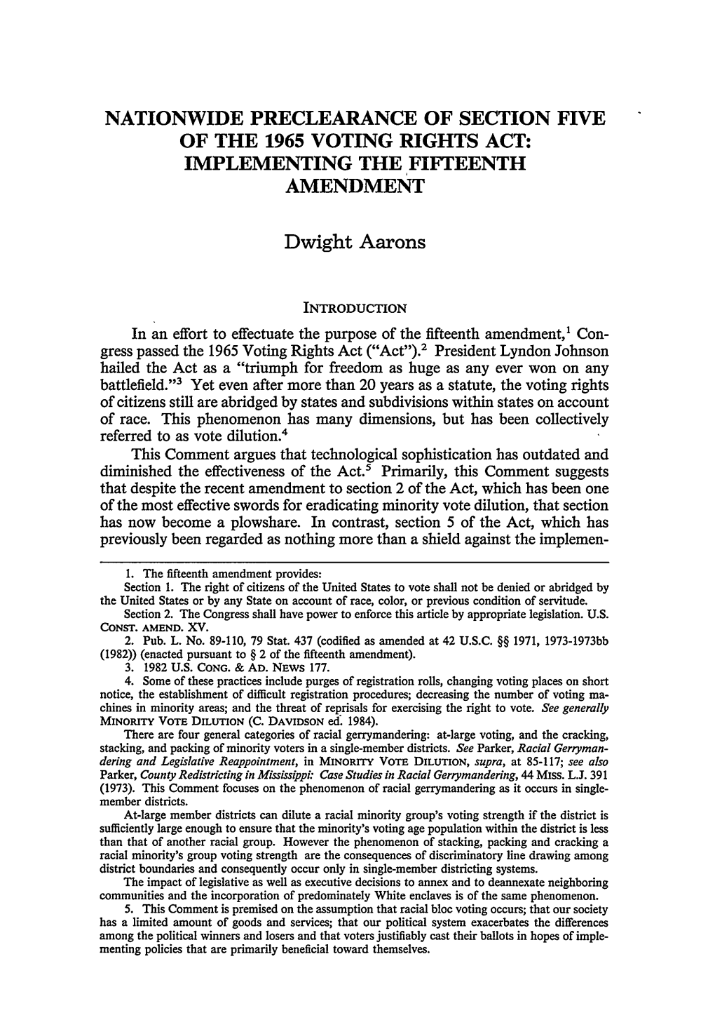 Nationwide Preclearance of Section Five of the 1965 Voting Rights Act: Implementing the Fifteenth Amendment