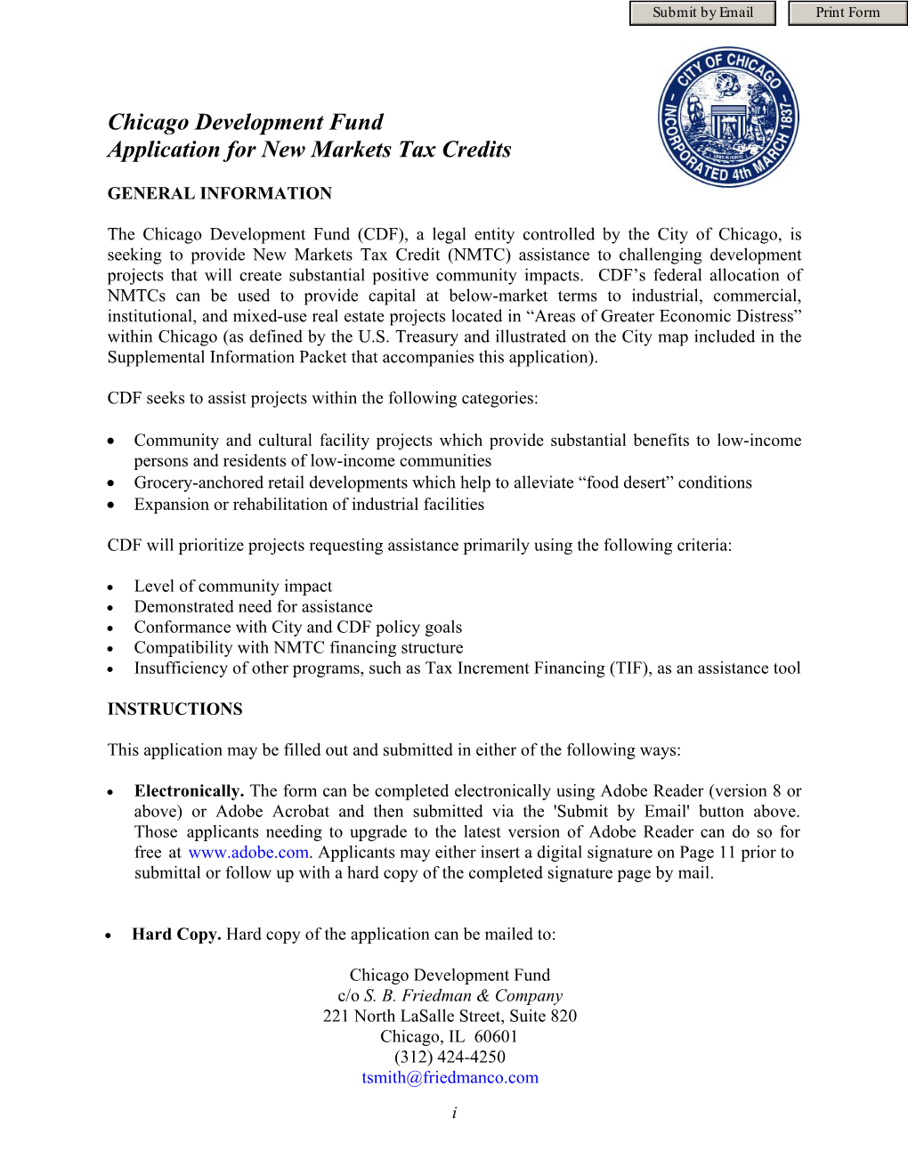 Chicago Development Fund Application for New Markets Tax Credits