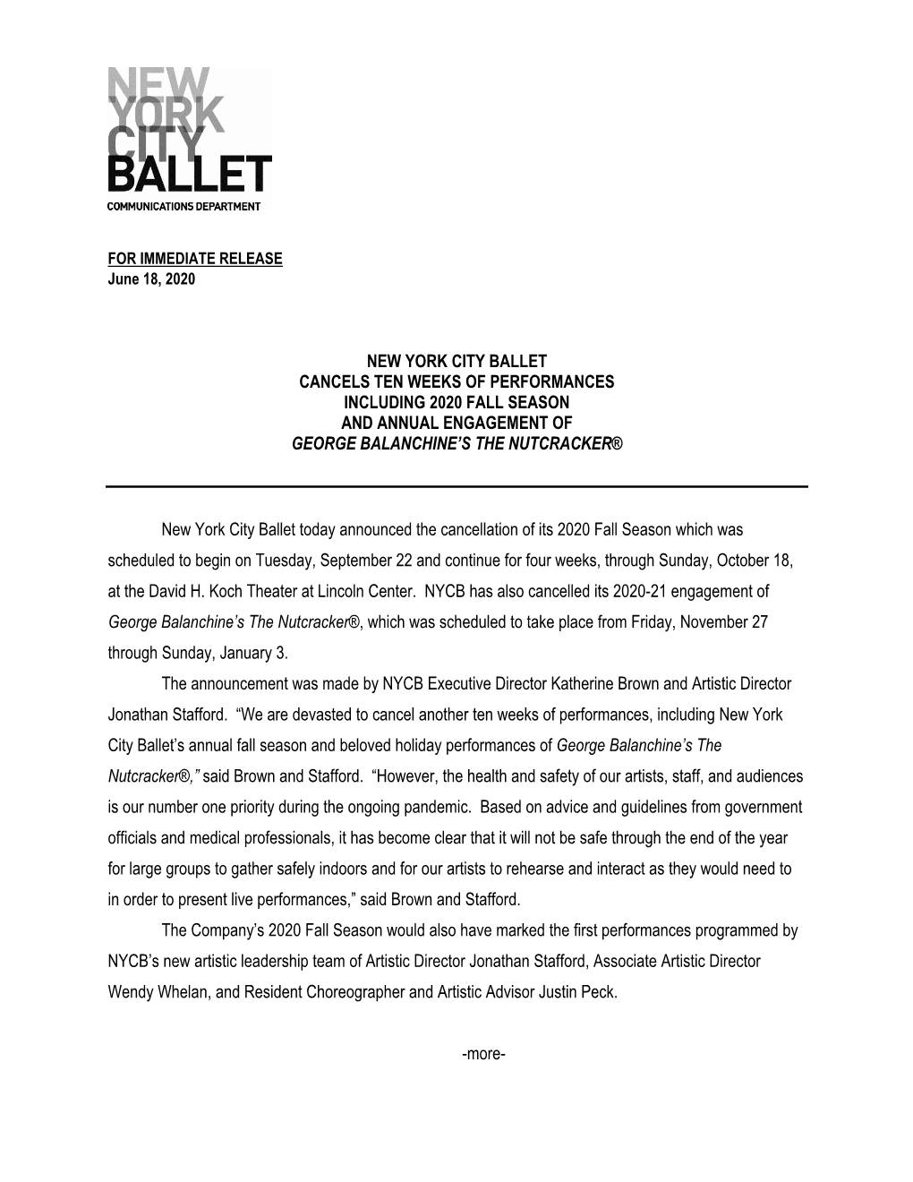 New York City Ballet Cancels Ten Weeks of Performances Including 2020 Fall Season and Annual Engagement of George Balanchine’S the Nutcracker®