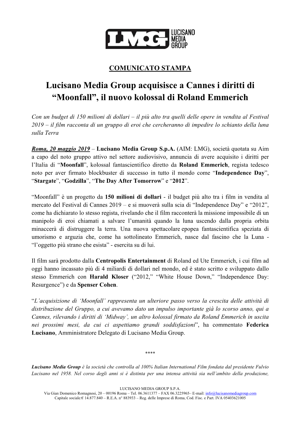 Lucisano Media Group Acquisisce a Cannes I Diritti Di “Moonfall”, Il