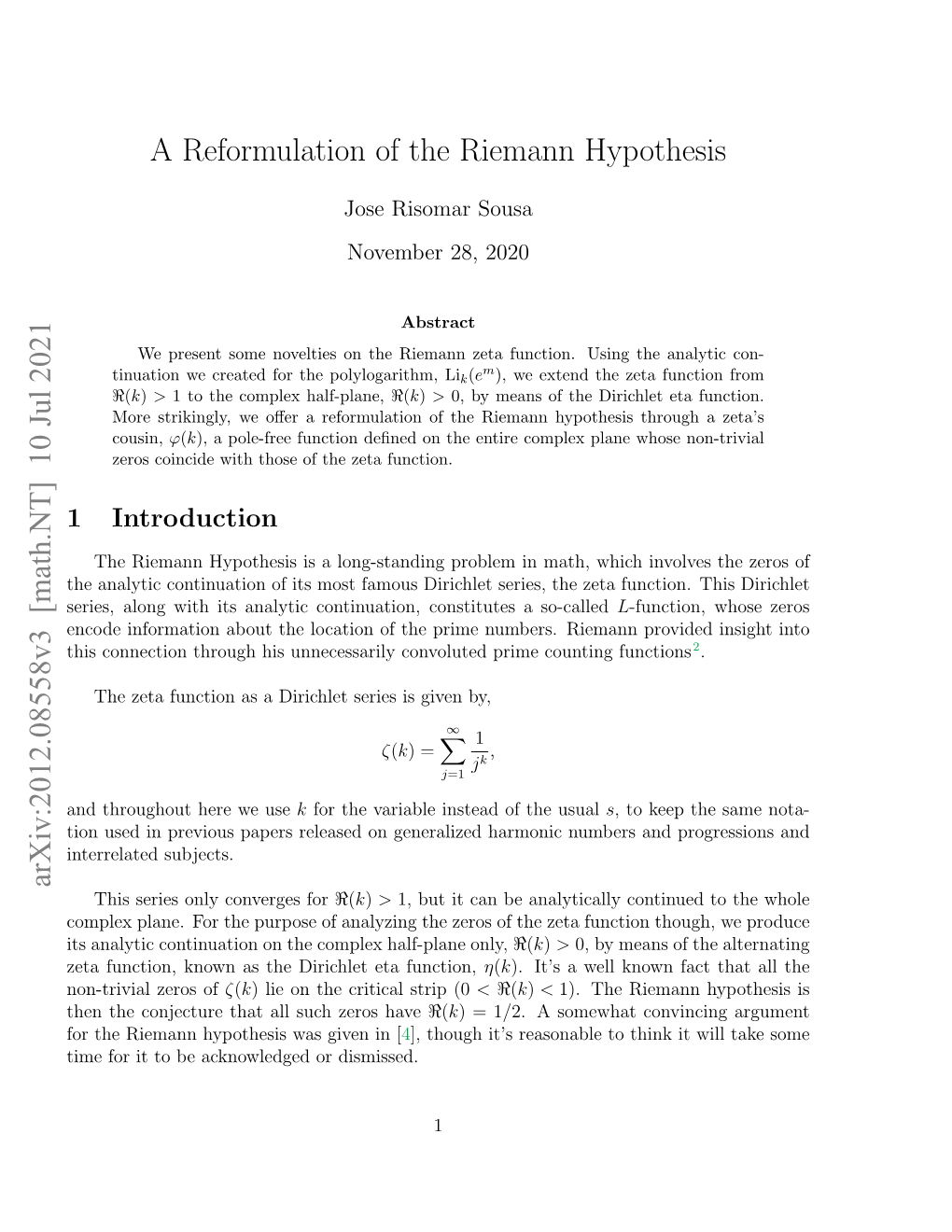 A Reformulation of the Riemann Hypothesis