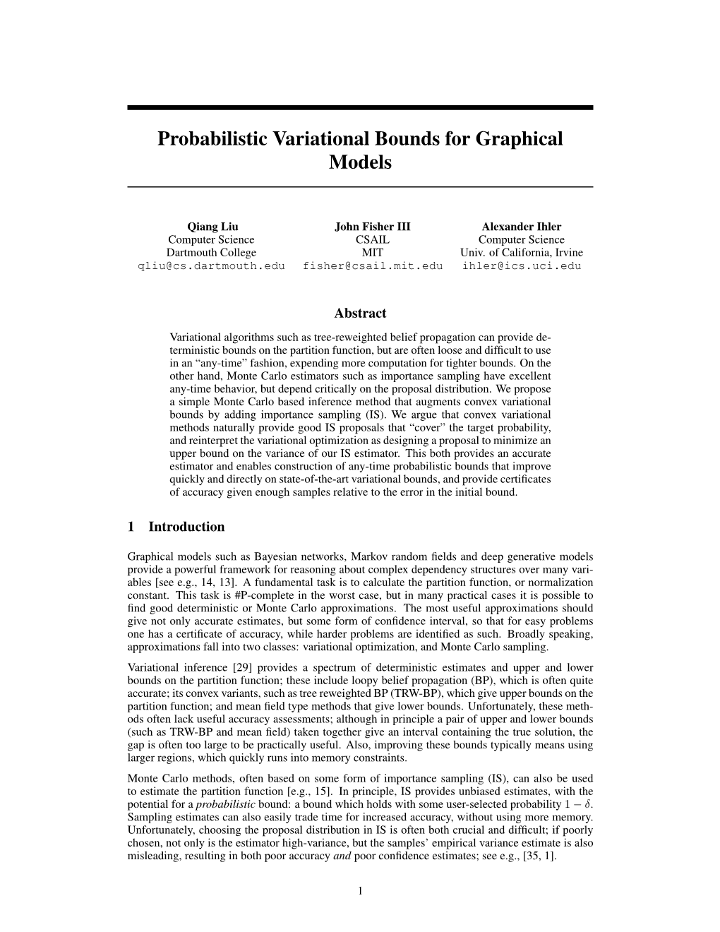 Probabilistic Variational Bounds for Graphical Models