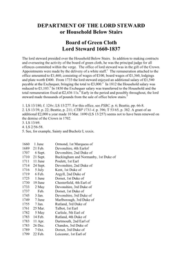 DEPARTMENT of the LORD STEWARD Or Household Below Stairs Board of Green Cloth Lord Steward 1660-1837