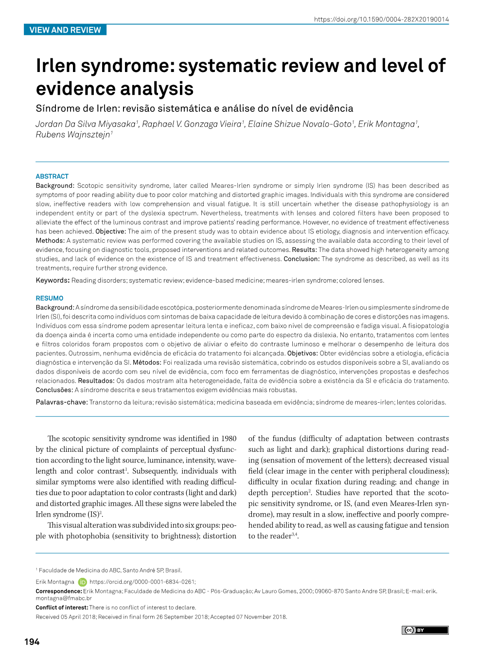 Irlen Syndrome: Systematic Review and Level of Evidence Analysis