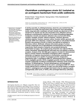 Clostridium Scatologenes Strain SL1 Isolated As an Acetogenic Bacterium from Acidic Sediments