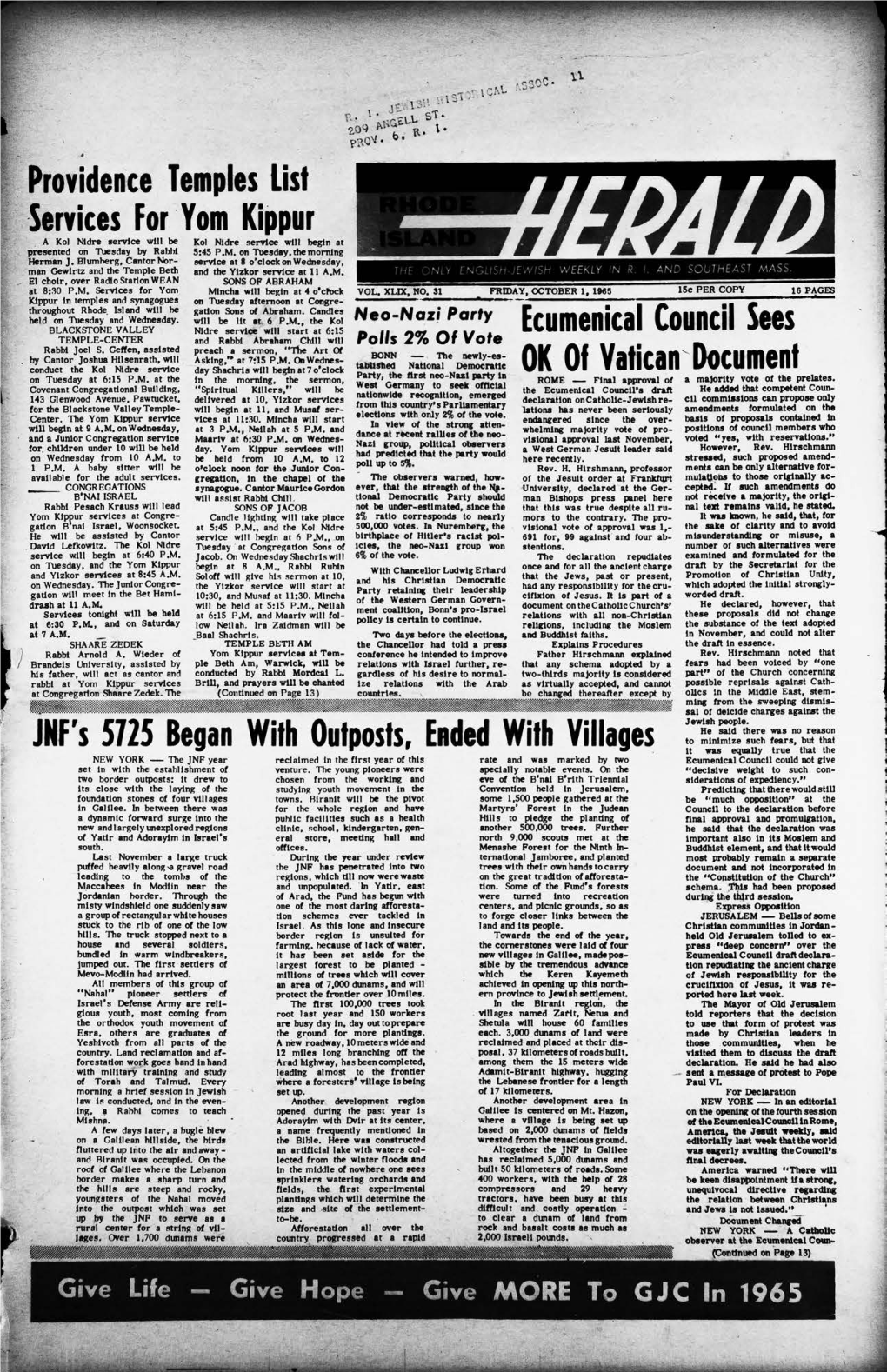 OCTOBER 1, 1965 15C PER COPY 16 PAGES Klppur in Temples and Synagogues on Tuesday Afternoon at Congre- S Throughoutheld on Tuesday Rhode , Andisland Wednesday