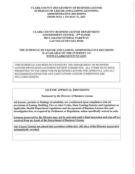 Clark County Department of Business License Schedule of Liquor and Gaming Licensing Administrative Decisions from May 1 to May 31, 2021