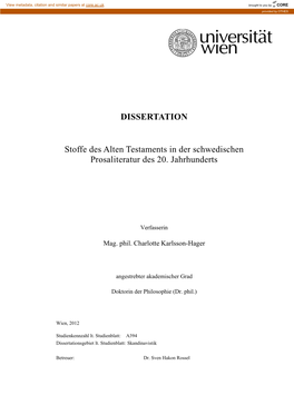 DISSERTATION Stoffe Des Alten Testaments in Der Schwedischen Prosaliteratur Des 20. Jahrhunderts