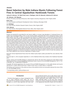 Roost Selection by Male Indiana Myotis Following Forest Fires in Central Appalachian Hardwoods Forests Joshua B