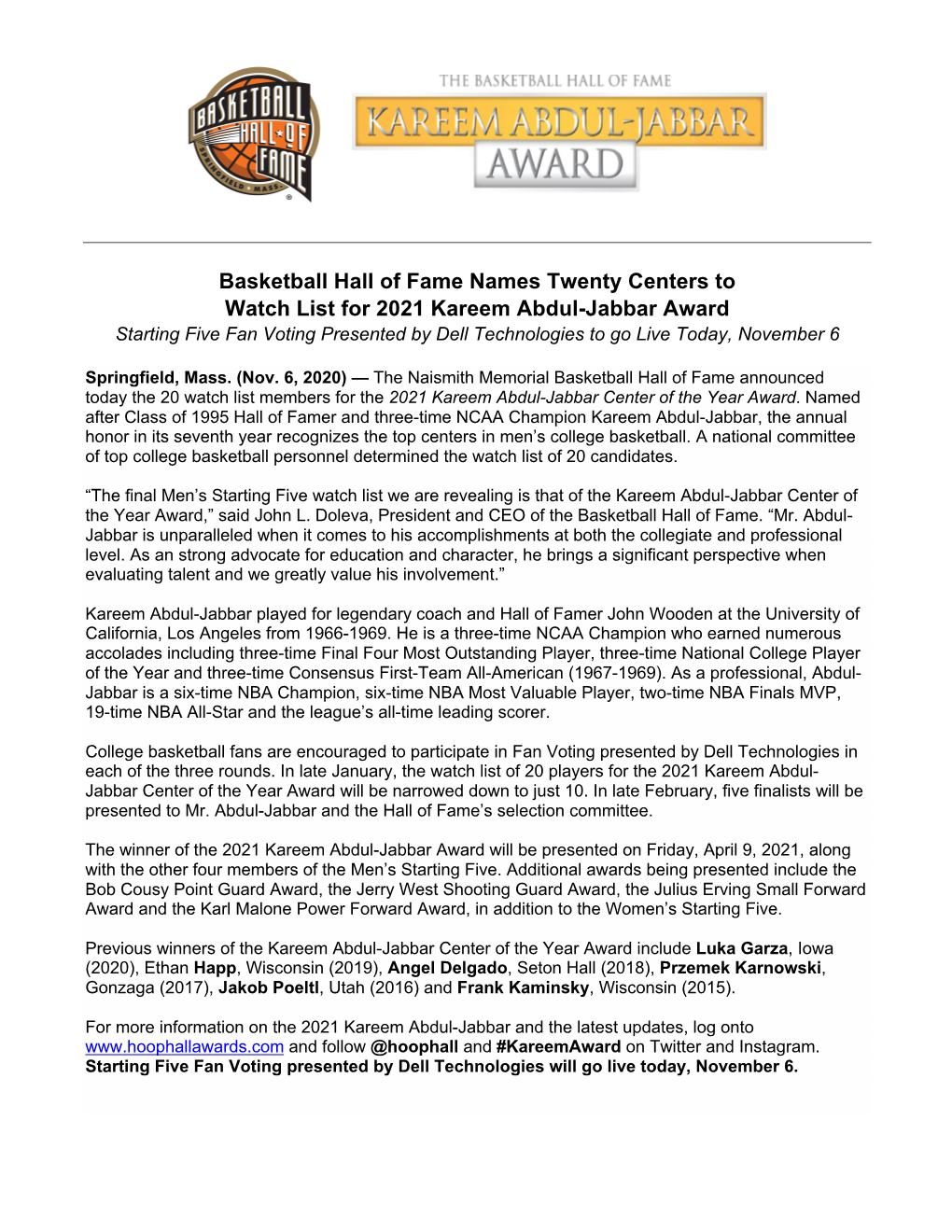Basketball Hall of Fame Names Twenty Centers to Watch List For