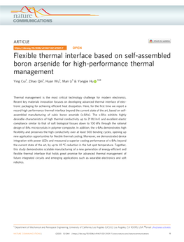 Flexible Thermal Interface Based on Self-Assembled Boron Arsenide for High-Performance Thermal Management ✉ Ying Cui1, Zihao Qin1, Huan Wu1, Man Li1 & Yongjie Hu 1