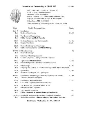 Invertebrate Paleontology – GEOL 137 Fall 2008