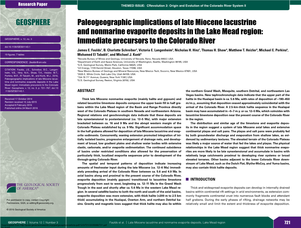 Paleogeographic Implications of Late Miocene Lacustrine and Nonmarine Evaporite Deposits in the Lake Mead Region: GEOSPHERE; V