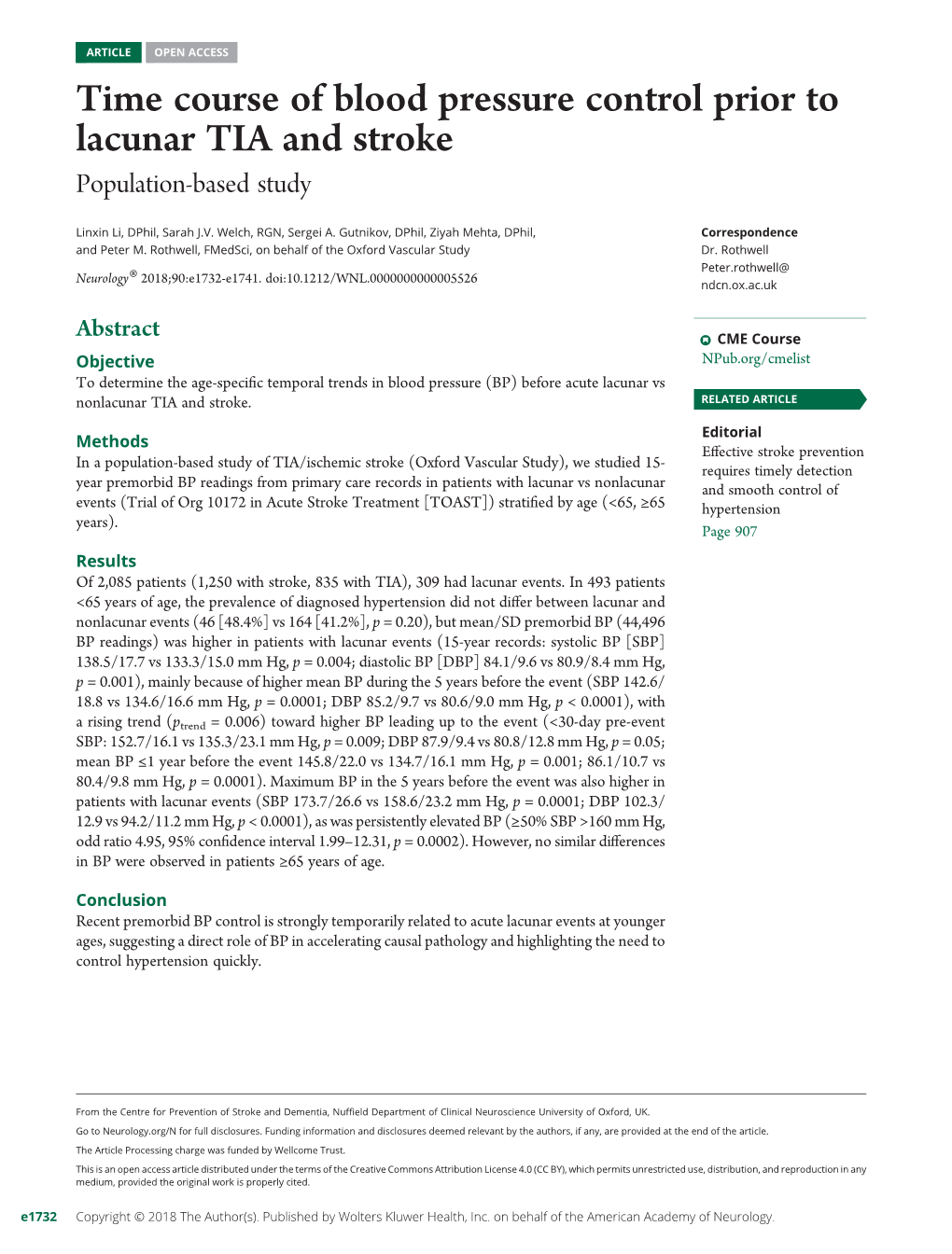 Time Course of Blood Pressure Control Prior to Lacunar TIA and Stroke Population-Based Study