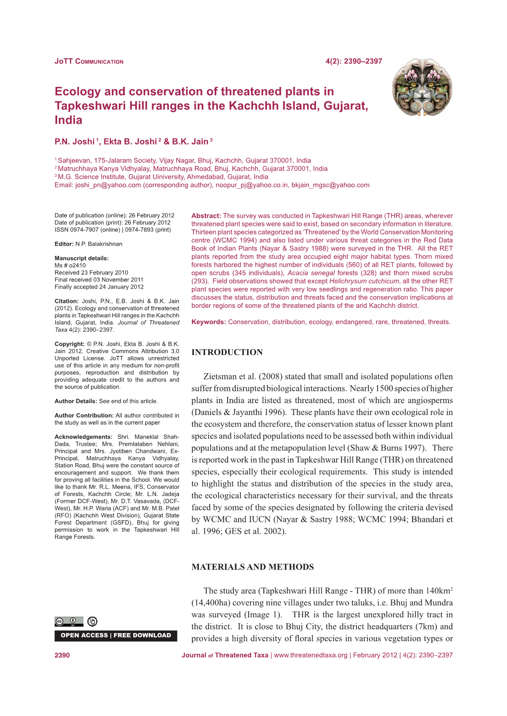 Ecology and Conservation of Threatened Plants in Tapkeshwari Hill Ranges in the Kachchh Island, Gujarat, India