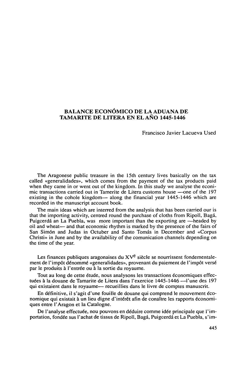 Balance Económico De La Aduana De Tamarite De Litera En El Año 1445-1446