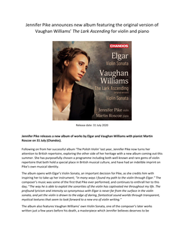Jennifer Pike Announces New Album Featuring the Original Version of Vaughan Williams’ the Lark Ascending for Violin and Piano