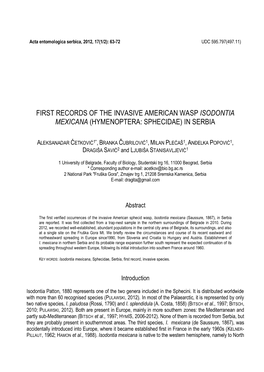 First Records of the Invasive American Wasp Isodontia Mexicana (Hymenoptera: Sphecidae) in Serbia
