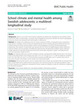 School Climate and Mental Health Among Swedish Adolescents: a Multilevel Longitudinal Study Krisztina D