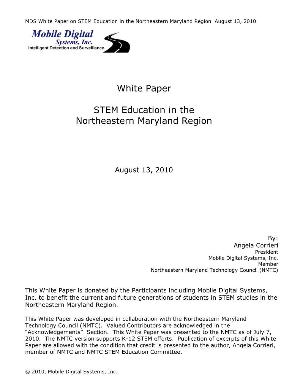 White Paper STEM Education in the Northeastern Maryland Region