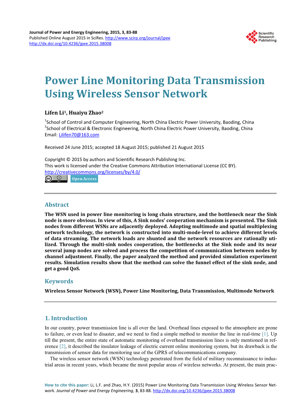 Power Line Monitoring Data Transmission Using Wireless Sensor Network