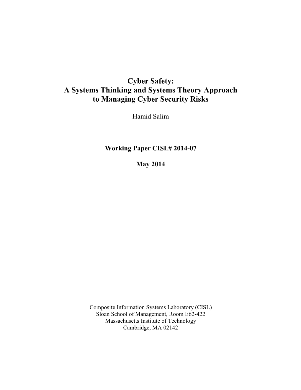 A Systems Thinking and Systems Theory Approach to Managing Cyber Security Risks